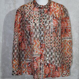 Ruby Rd. Women's 16 Orange Multi Abstract Print Mandarin Collar Blouse